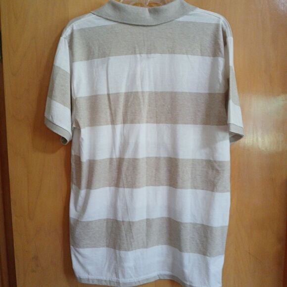 Roebuck & Co Polo Shirt Mens Large TAN White Striped Short Sleeve NWT - Picture 14 of 16
